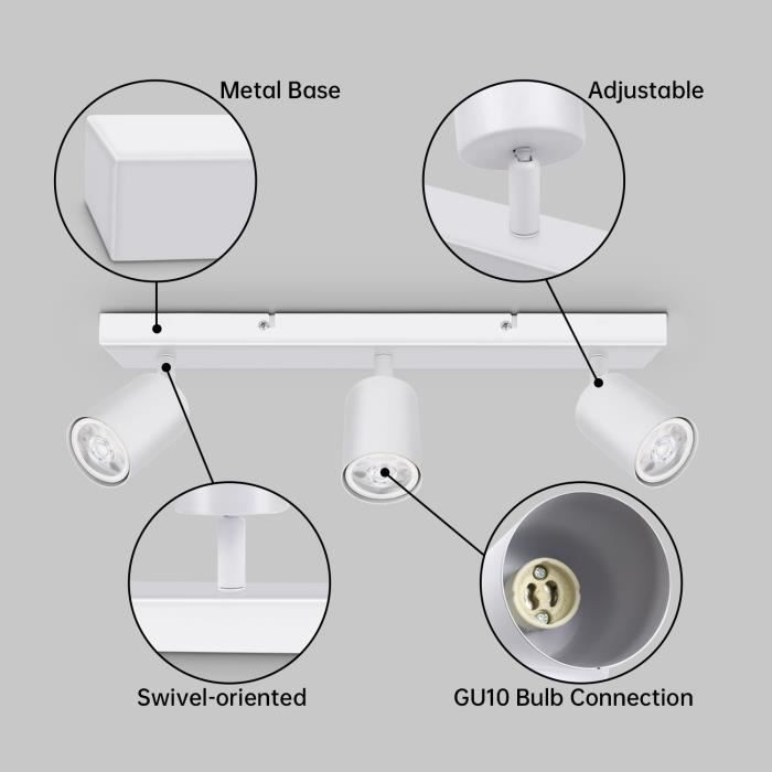 Plafonnier avec 3 spots kambo plafond blanc rectangle en métal gu10, luminaire spot pour chambre salon séjour couloir sans ampoules