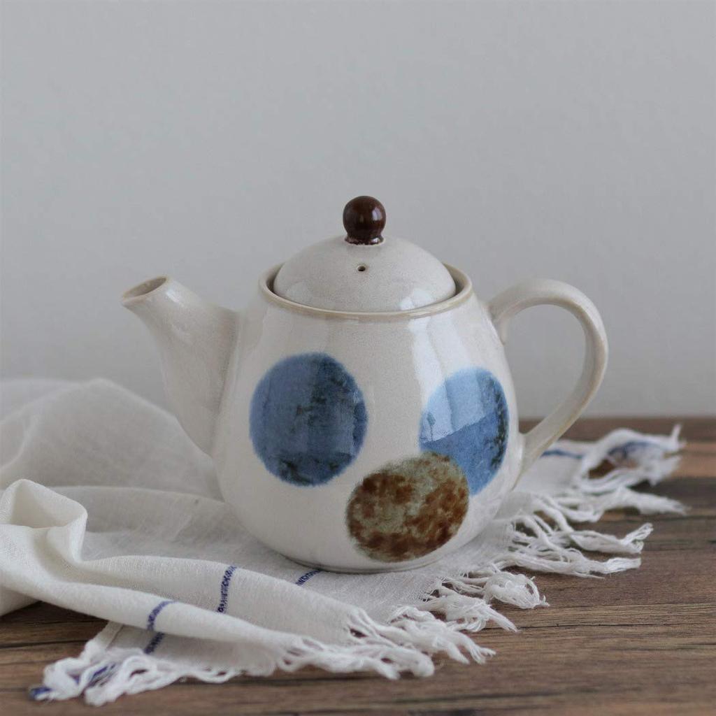 Awasaka Brush Blue Dotted Teapot with Strainer, Approx. 17.5cm W x 10.5cm D x 14cm H, Microwave and Dishwasher Safe, Made in Japan, Product Number