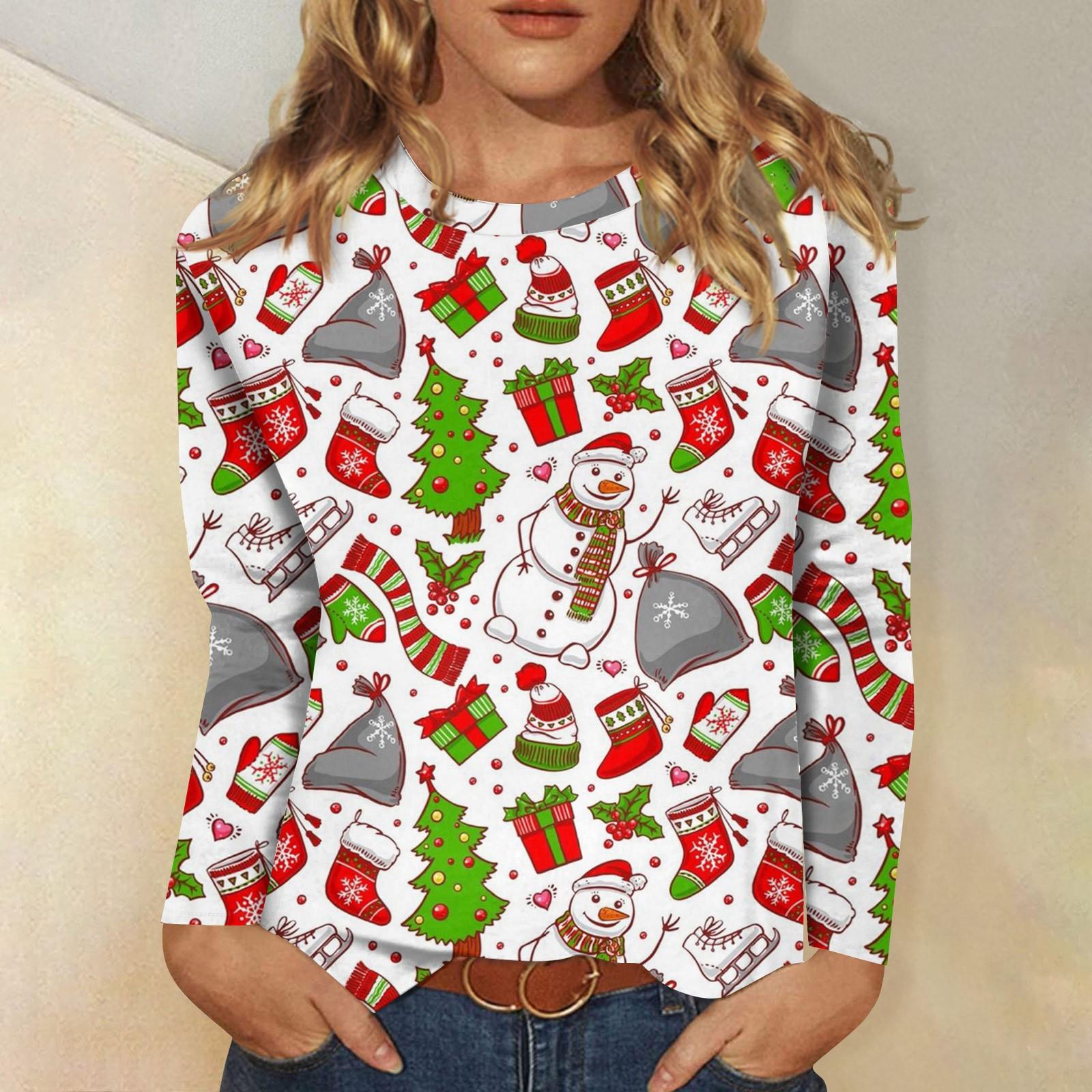 

Женская модная повседневная футболка с круглым вырезом и рождественским принтом и длинными рукавами XXXL белый