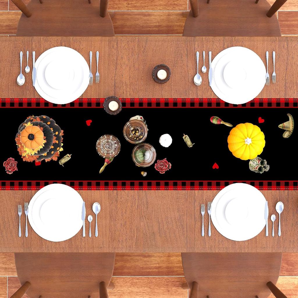 Day of The Dead Table Runner Dia De Los Muertos Tablecloth Sugar Skull Roses Mexican Fiesta Halloween Party Decoration and Supplies for Home Kitchen