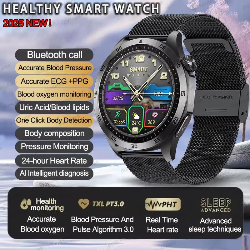2025 New Micro Physical Examination Blood Lipids Uric Acid Blood Pressure Smart Watch ECG+PPG Clock Bluetooth Call Smartwatch Men