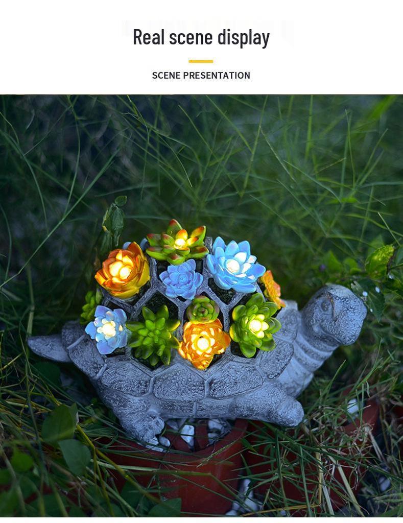Solar-Powered Resin Succulent Turtle Garden Statue with LED Lights