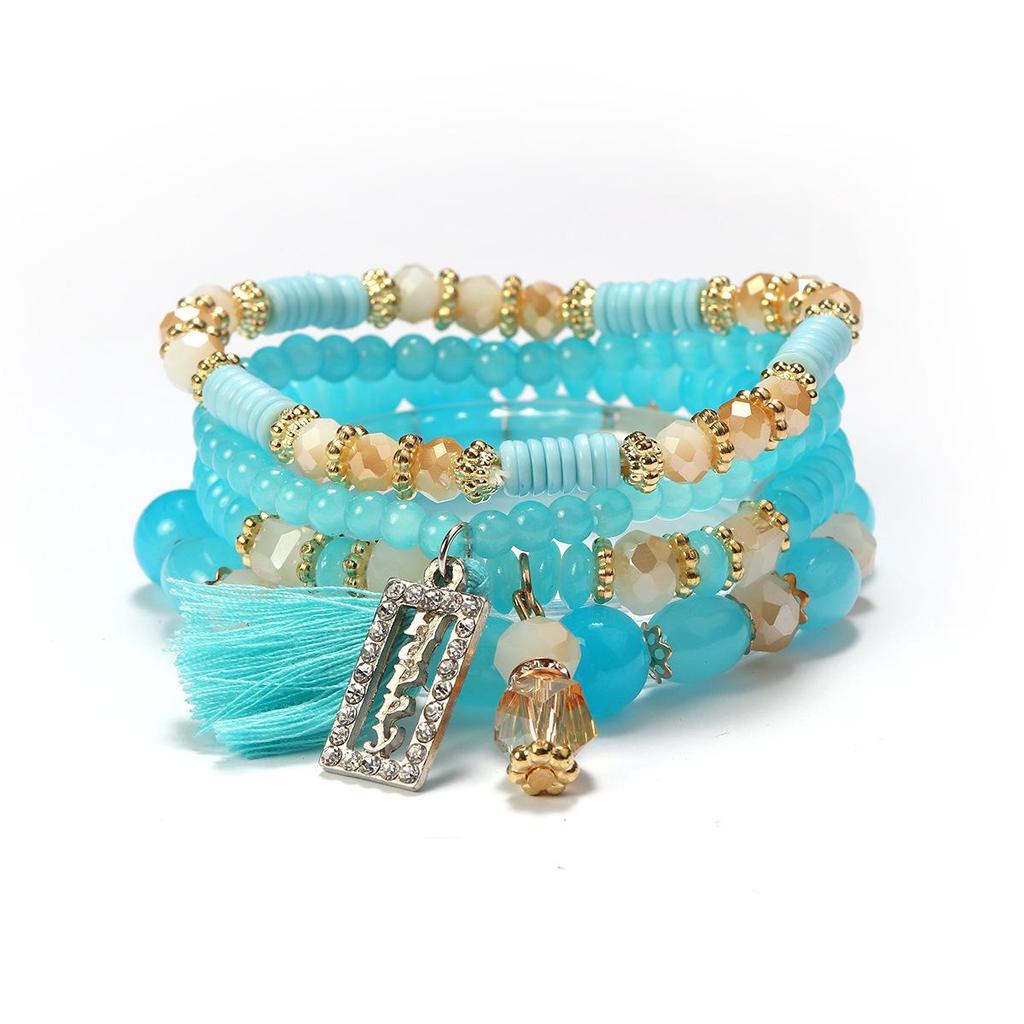 Bohemian Beaded Bracelet Set with Rectangular Tassel Pendant