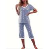 Damen Freizeit Pyjama Set mit Sternenprint - V-Ausschnitt Kurzarm Oberteil & Shorts mit Taschen, Polyester-Mischung, Perfekt für Frühling/Sommer, Pyjama mit entspannter Passform