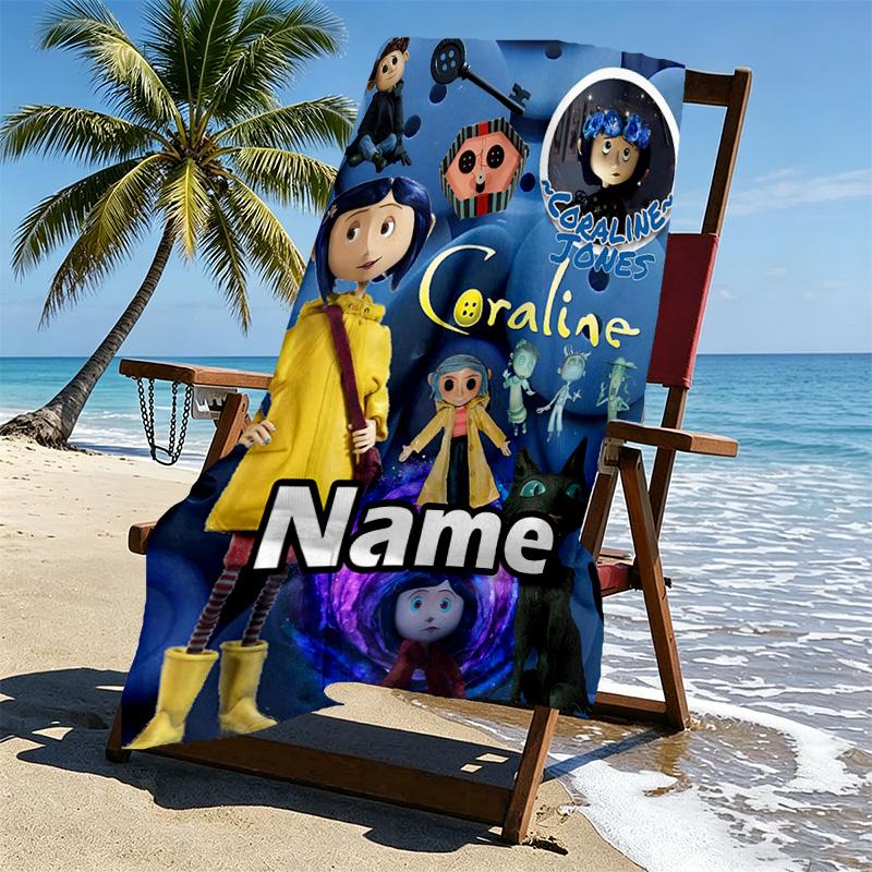 Custom Name Personalized Coraline Print Beach Towel, for Trip Camping Beach Party Home Decor, Birthday Gift for Family & Friends