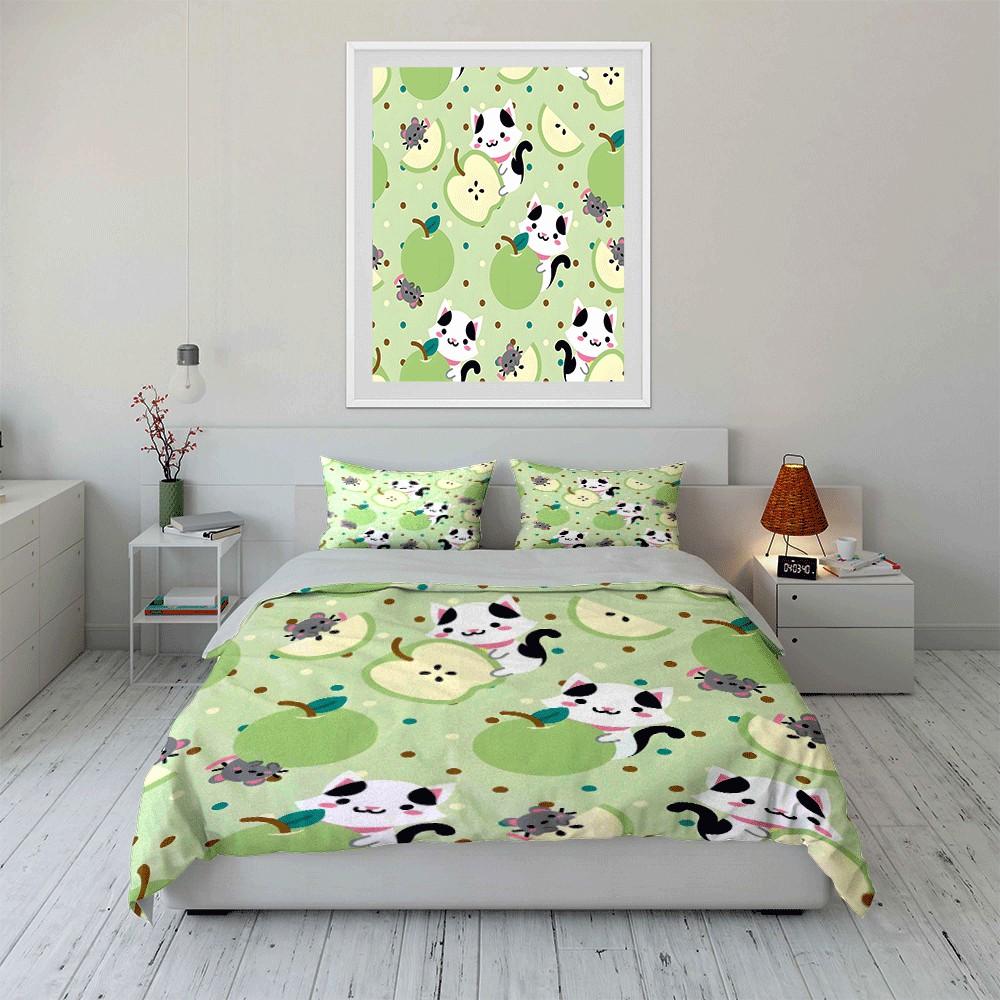 "Playful Cats and Apples Theme Printed Bedding Set" Exquisite Three-piece Bedding Set Gift for Kids and Adults