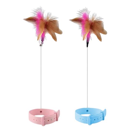 Interactive Cat Collar Toy Teasing Wand with Colorful Natural Feathers and Bell Adjustable Design Self Playing Toy Pet Cat Teaser Wand