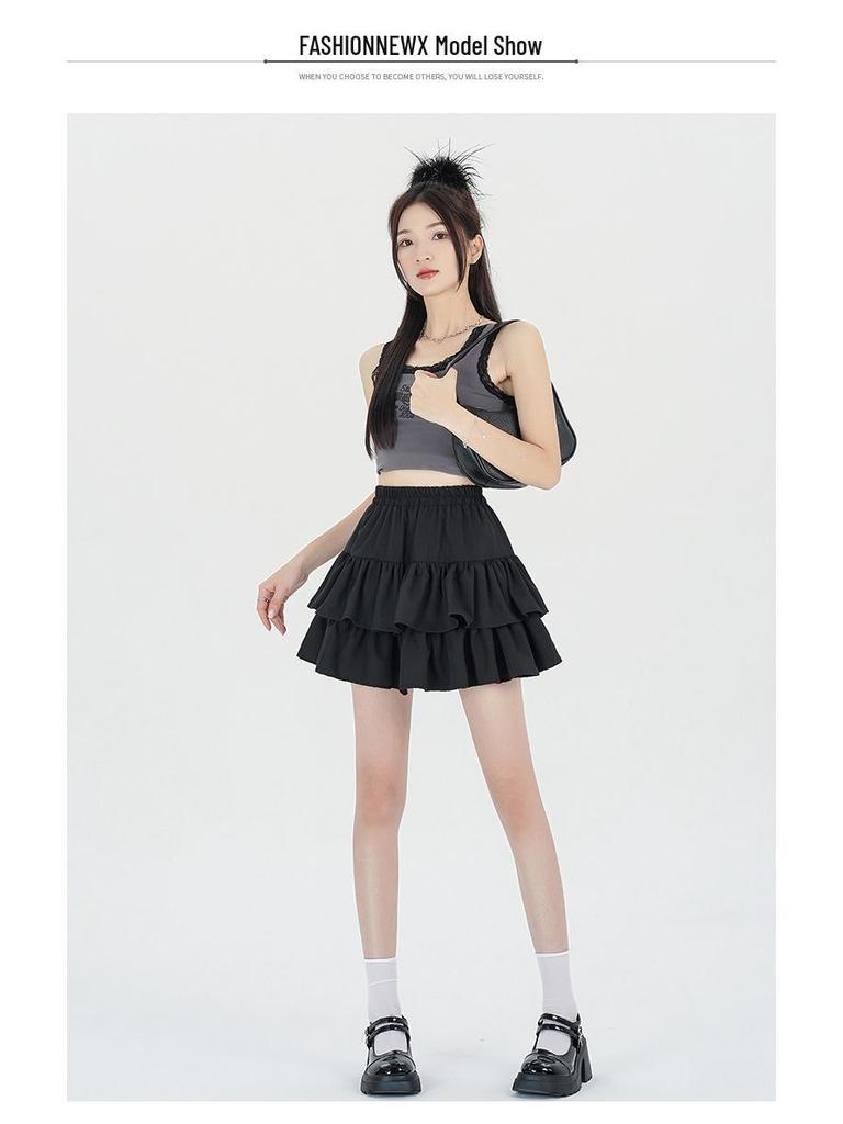 Women's Summer Black A-line Puff Short Skirt - Elastic Waist, Slimming, Anti-Exposure.