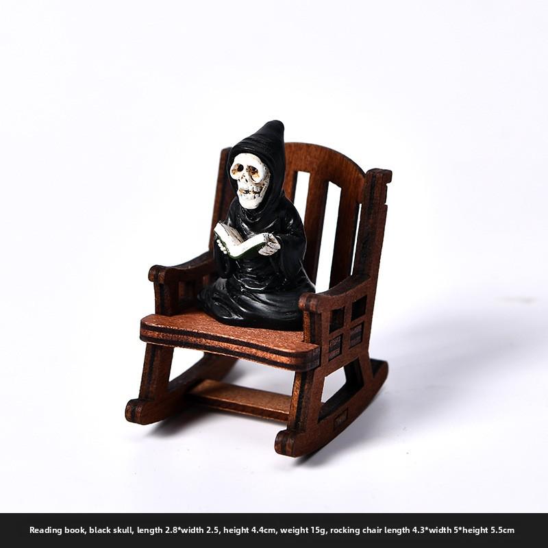 Halloween Witch Ghost Rocking Chair Cute Handmade Figurine Tabletop Ghost in Black Costume Resin Vehicle Figurine