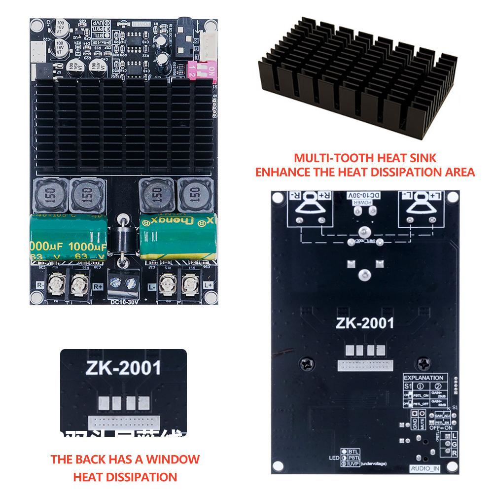 

TPA3221 ZK-2001 200W Mono / 100W+100W Dual Channel Digital Power Amplifier Board MCU Anti-pop Adjustable Gain 10-30V