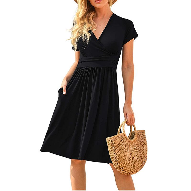 European & American Women s Short Sleeve Printed Pocket Mid-length Belted Dress In Stock Large чёрный