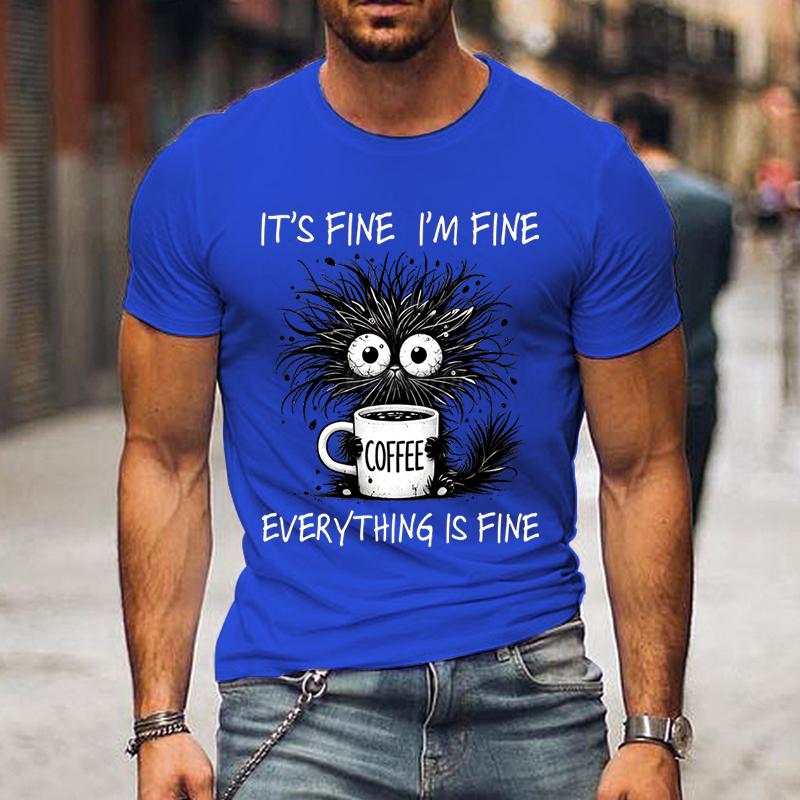 Mir geht es gut, ich bin in Ordnung, alles ist in Ordnung, lustige schwarze Katze, Herrenbekleidung, Vintage-T-Shirt, kurzärmelige Oberteile, Sommer-Modebekleidung