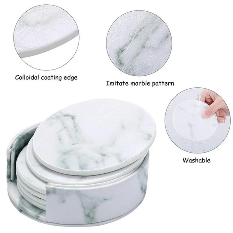 6 Pcs Home Kitchen Marble Pattern Cup Coaster Creative Round Edge Cup Mat Drink Mat Pu Leather Cup Pad Thermal Insulation