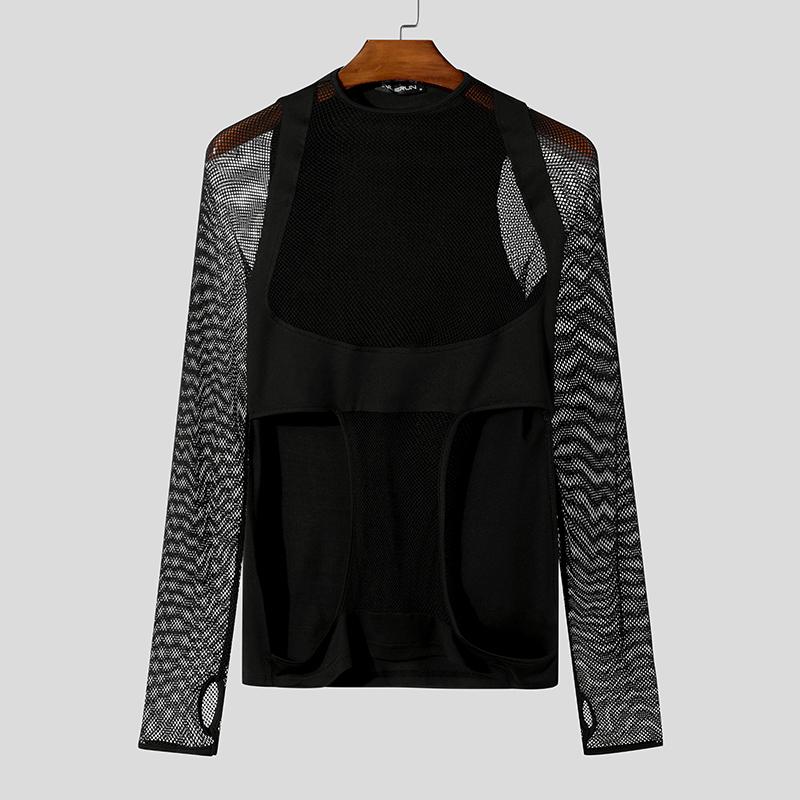 INCERUN Herren Langarm Patchwork Mesh Sheer Cutout Durchsichtige T-Shirts Tops