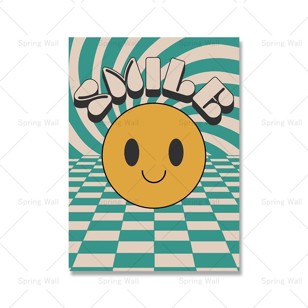 Laughing Smiling Flowers Cartoon Poster Retro Groovy 70s Style Wall Art Pictures Trendy Hippie Canvas Painting Living Room Decor