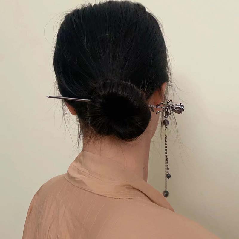 Metall Haarnadel mit Blume und Schmetterling im chinesischen Stil für Damen, Vintage, mit schwarzen Perlen und Fransen, Haarspange, Hanfu-Schmuck, Haarschmuck