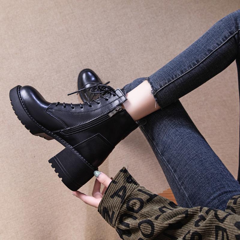 Leather Platform Martin Women's New British Style Women's High-heeled Thick-heeled Short Spring and Autumn Single Winter Velvet