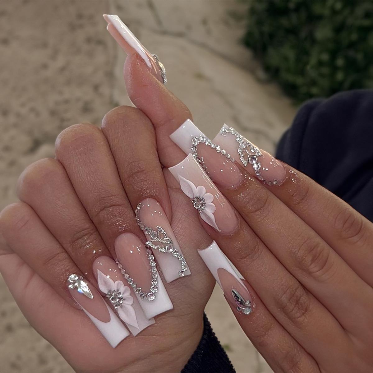 

Extra-Long Rhinestone Butterfly Flower Press-On Nail Tips