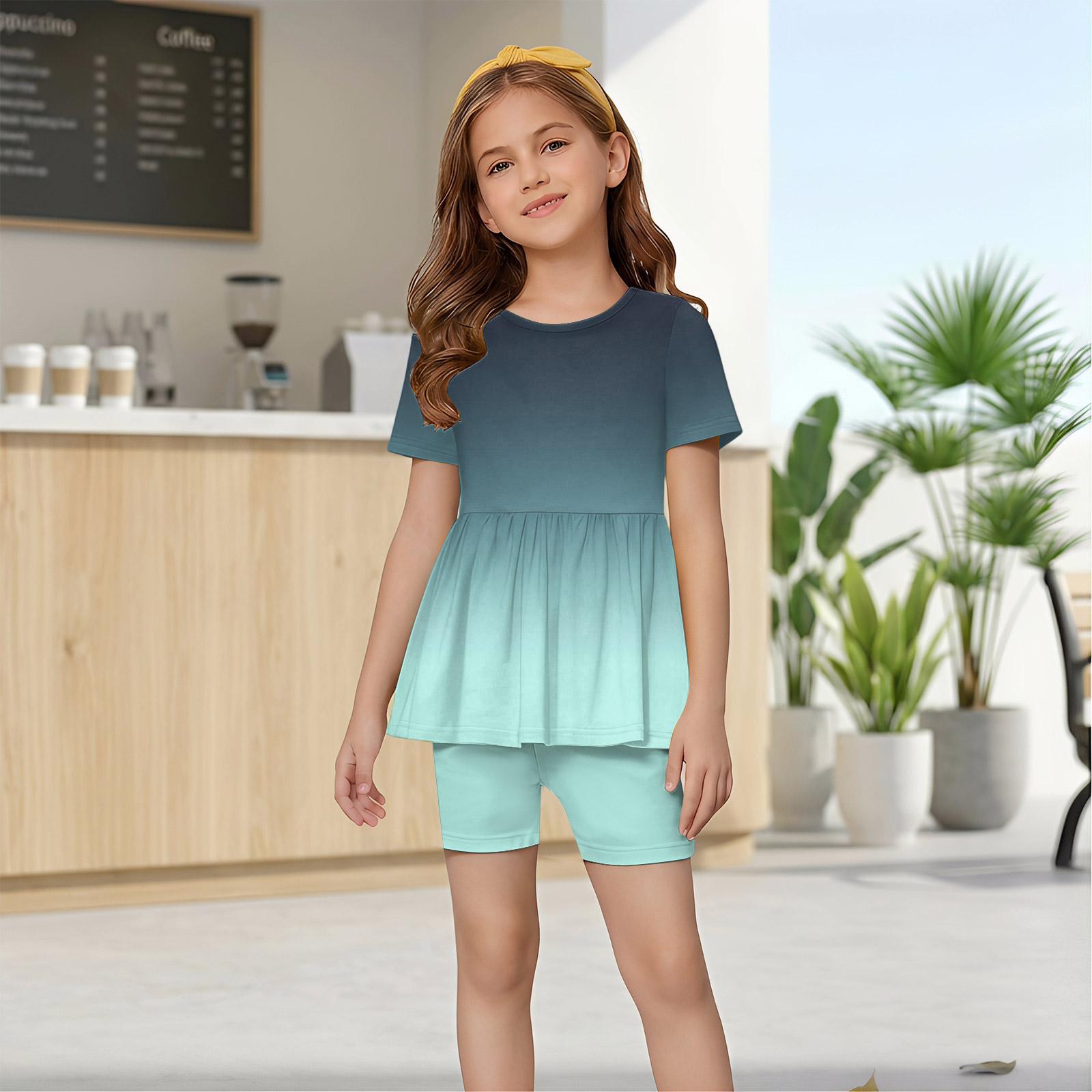 Girls Summer Gradient Print Short Sleeve Ruffle Hem Top and Shorts Set Casual Outfit for Kids Soft Lightweight Material 160