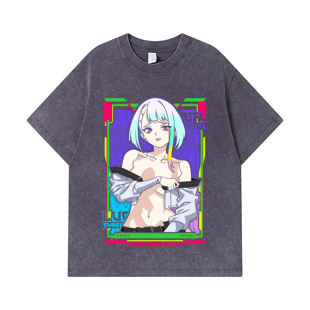 275 GSM Gewaschene T-Shirts 100% Baumwolle Cyberpunk V11 Lucy Waifu Print Unisex Schweres Baumwoll-T-Shirt