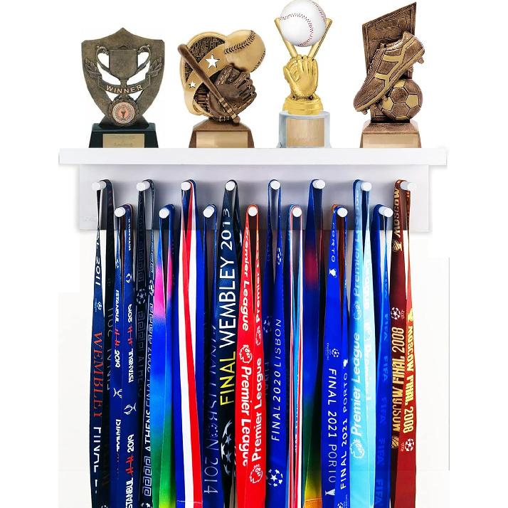 Trophy Medal Holder Display 16.9" Long Wooden Trophy Shelf Rack Medal & Trophy Holder 15 Hooks Hanger with Shelf Medal Holder with Wooden Trophy