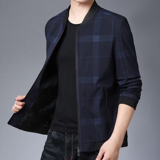 Men Coat Plaid Stand Collar Thin All Match Spring Jacket for Daily Wear