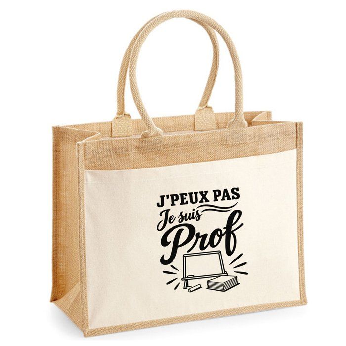 Sac Cabas Jute avec Poche J’peux pas je suis Prof J'peux pas minimaliste | Toile de Jute et Coton 21 L Fond Plat Anses 65 cm