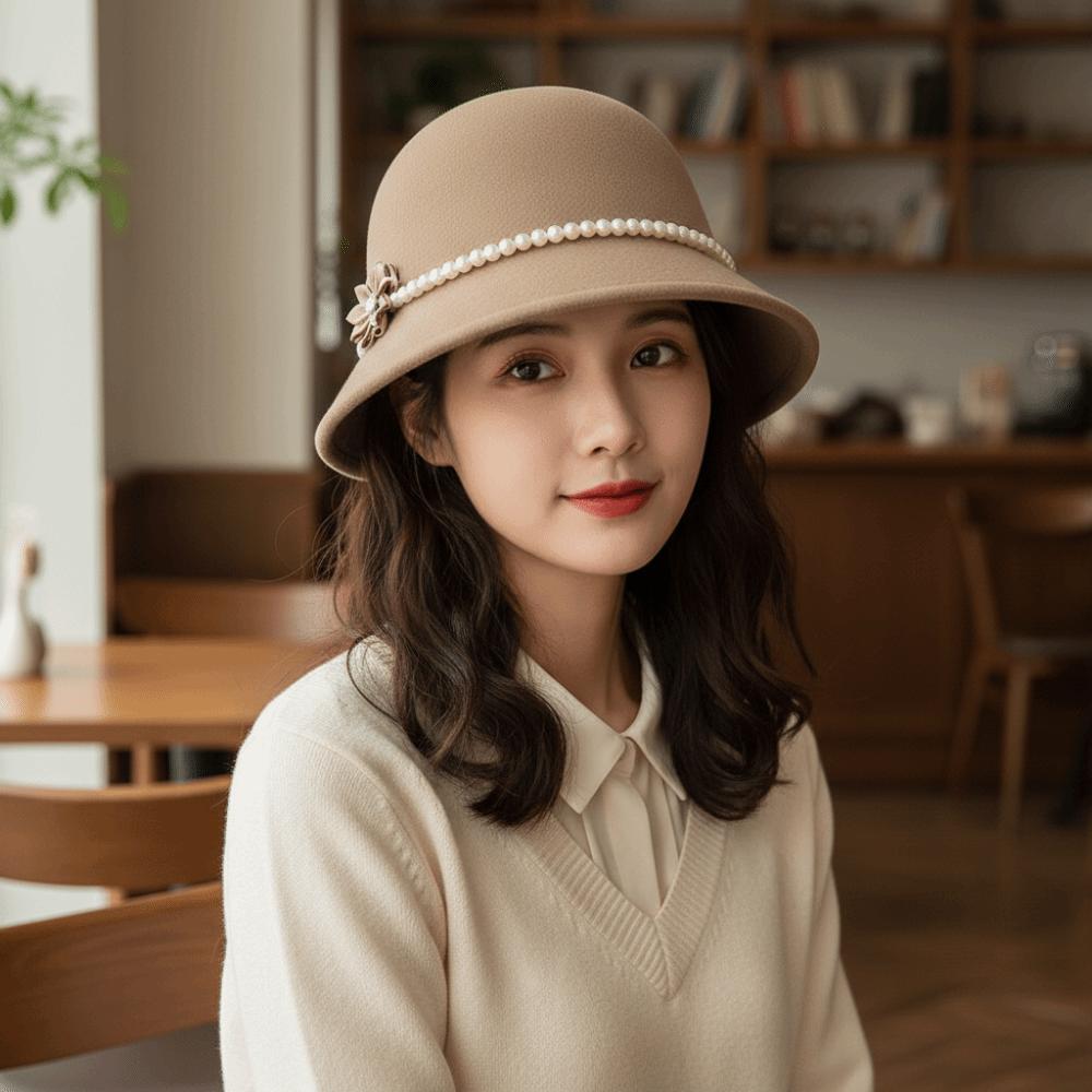 Solid Color Flower Topper Hat Pearl Woolen Bucket Hat Elegant Fisherman Hat  Girl