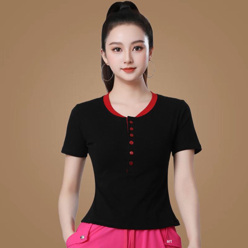 Summer Women's Slimming Dance T-Shirt: Round Neck, Button-Down, Versatile, Short Sleeve, Cotton Fashion Top