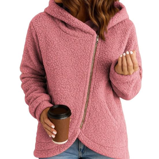 Women's Fleece Jacket Oblique Zip Up Long Sleeve Sherpa Coat Fuzzy Hooded Jacket