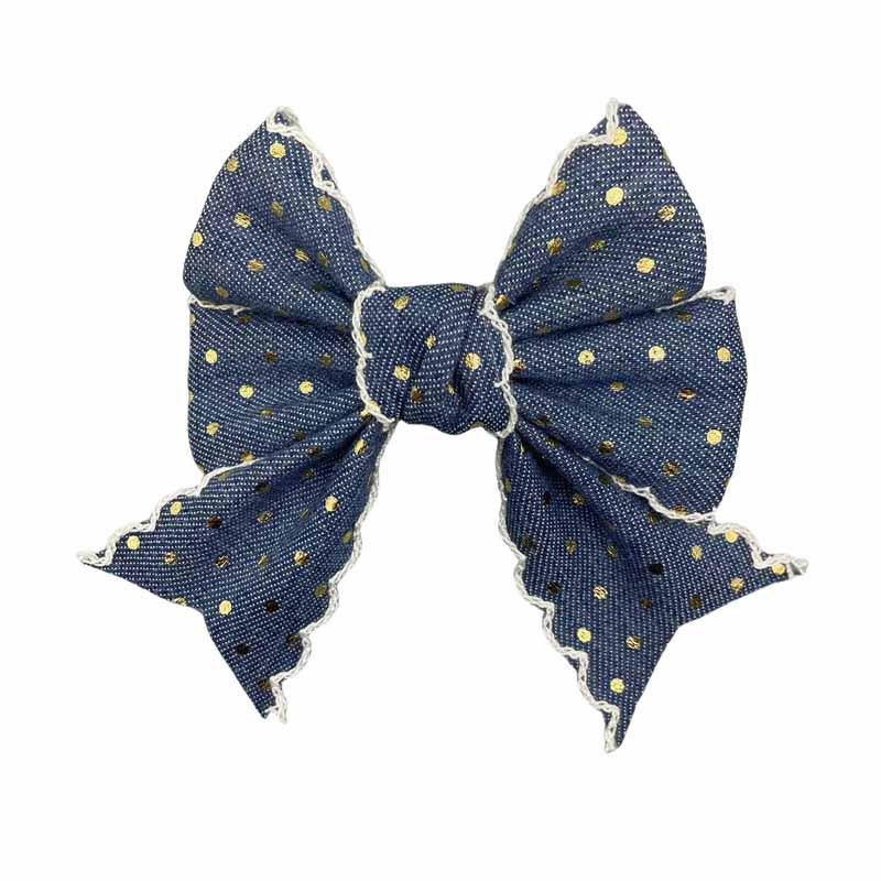 Handmade Retro Denim Blue Polka Dot Bow Hair Clip for Kids