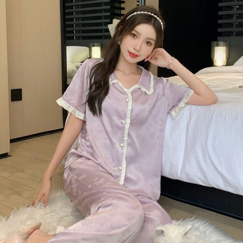 French Sweet Wind Floral Ice Silk Long-Sleeved Pajamas Women'S Spring And Autumn Ruffle Leaf Loungewear Set
