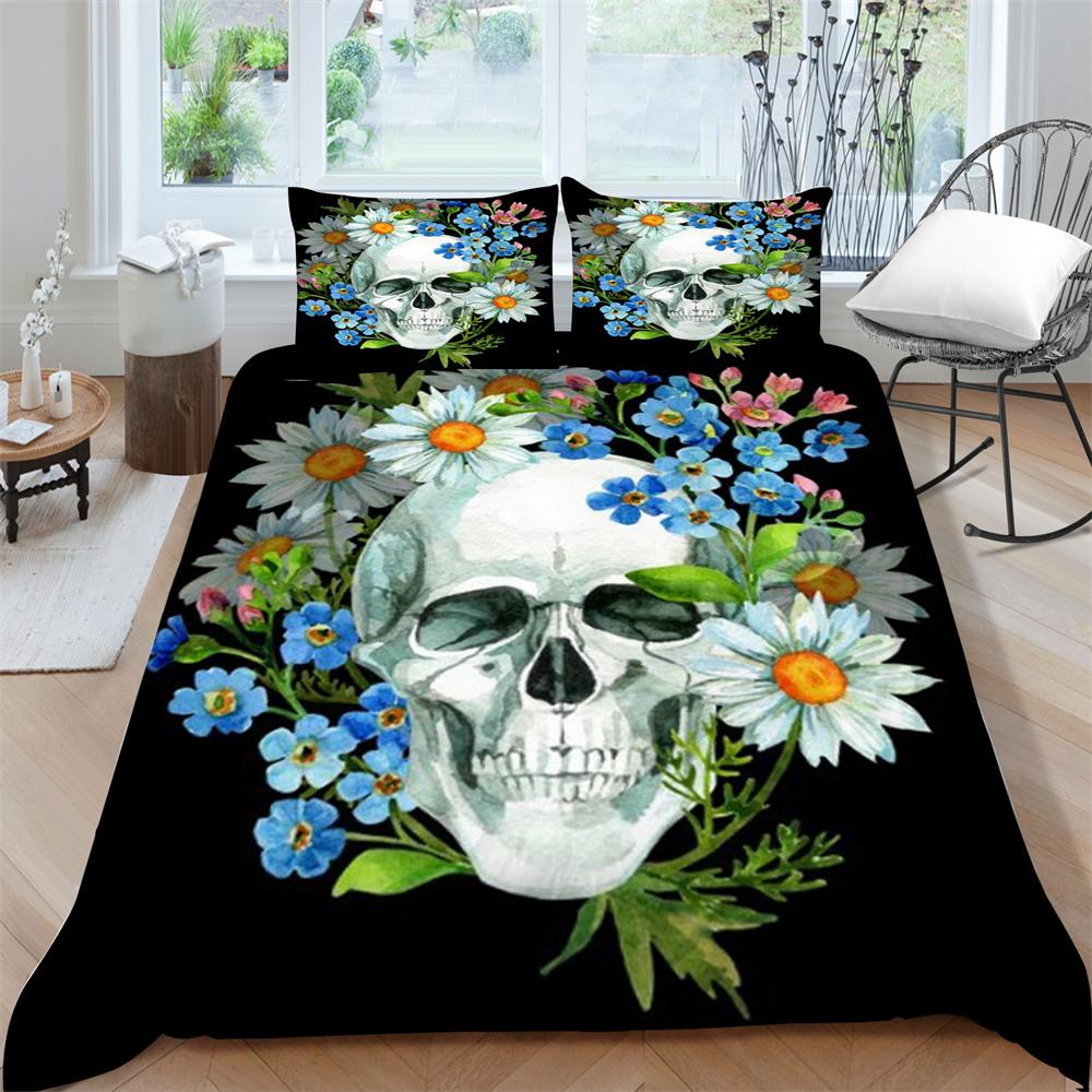 2/3dílná sada ložního prádla Sada prodyšných přikrývek Sada povlaků na přikrývku 3D Skull Design z mikrovlákna Pohodlná přikrývka na postel