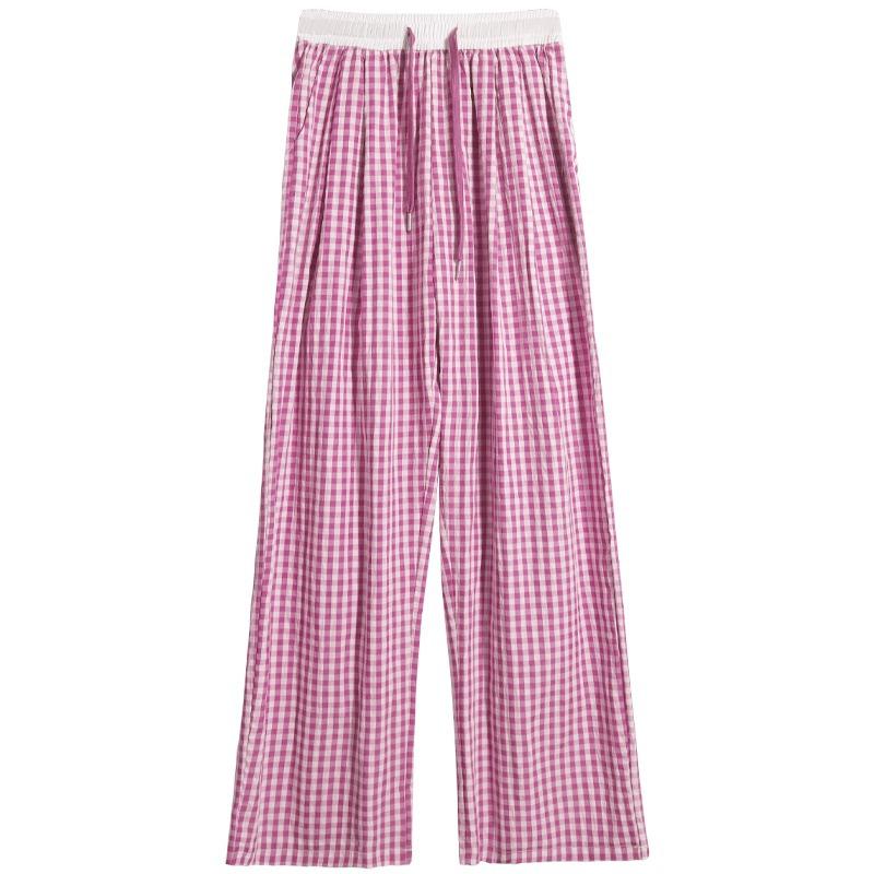 Women's Summer High-Waist Plaid Casual Pants: Slimming Straight or Wide Leg Draped Design