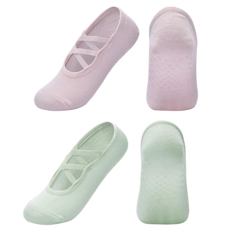 2 Pairs Women's Crisscross Strap Yoga Socks With Nonslip Grip Low Cut Cotton Socks For Pilates Barre Ballet Barefoot