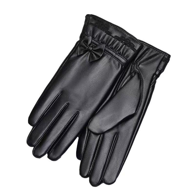 Gants pour femmes en cuir PU style nouveau avec pompon en fourrure de lapin - Chauds doublés en velours pour la conduite hivernale et le cyclisme en extérieur