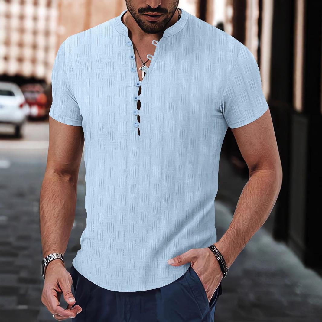 

2025 Summer New Fashion T-shirt Men s Casual short-sleeved jacquard Henry shirt stand-up collar casual short-sleeved shirt 3XL