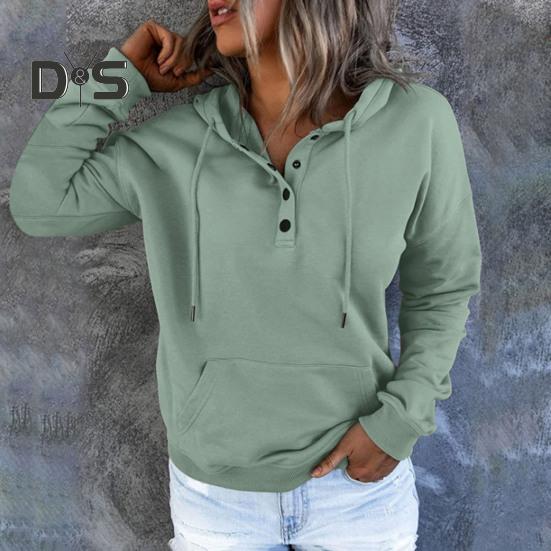 Kvinner Høst Vinter Hettegenser Langermet Løs Pullover Stor Lomme Knapp Dekor Snøring Uformell Myk Varm Hette Elastisk Mansjett Dame Hettegenser Topp