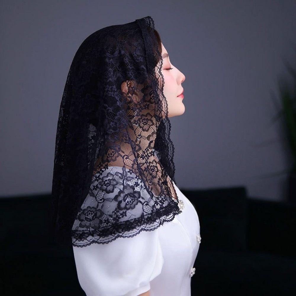 Flower Embroidered Chapel Veil Spanish Style Lace Edge Bridal Lace Headscarf Romantic Traditional Vintage Lace Head Covering
