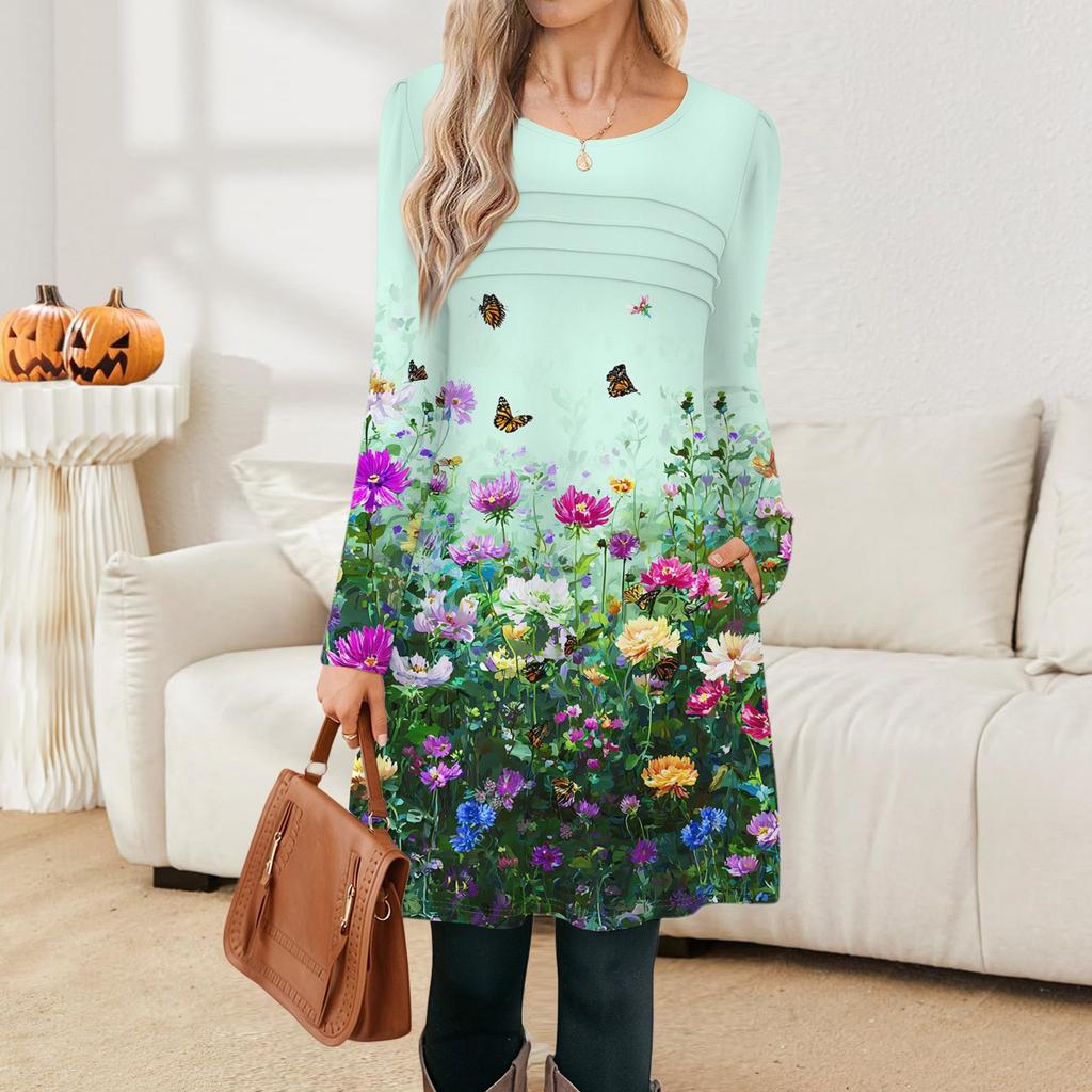 Women's Long Sleeve Dress Fall Casual T Shirt Loose Fit Pleated Front Dresses With Pockets