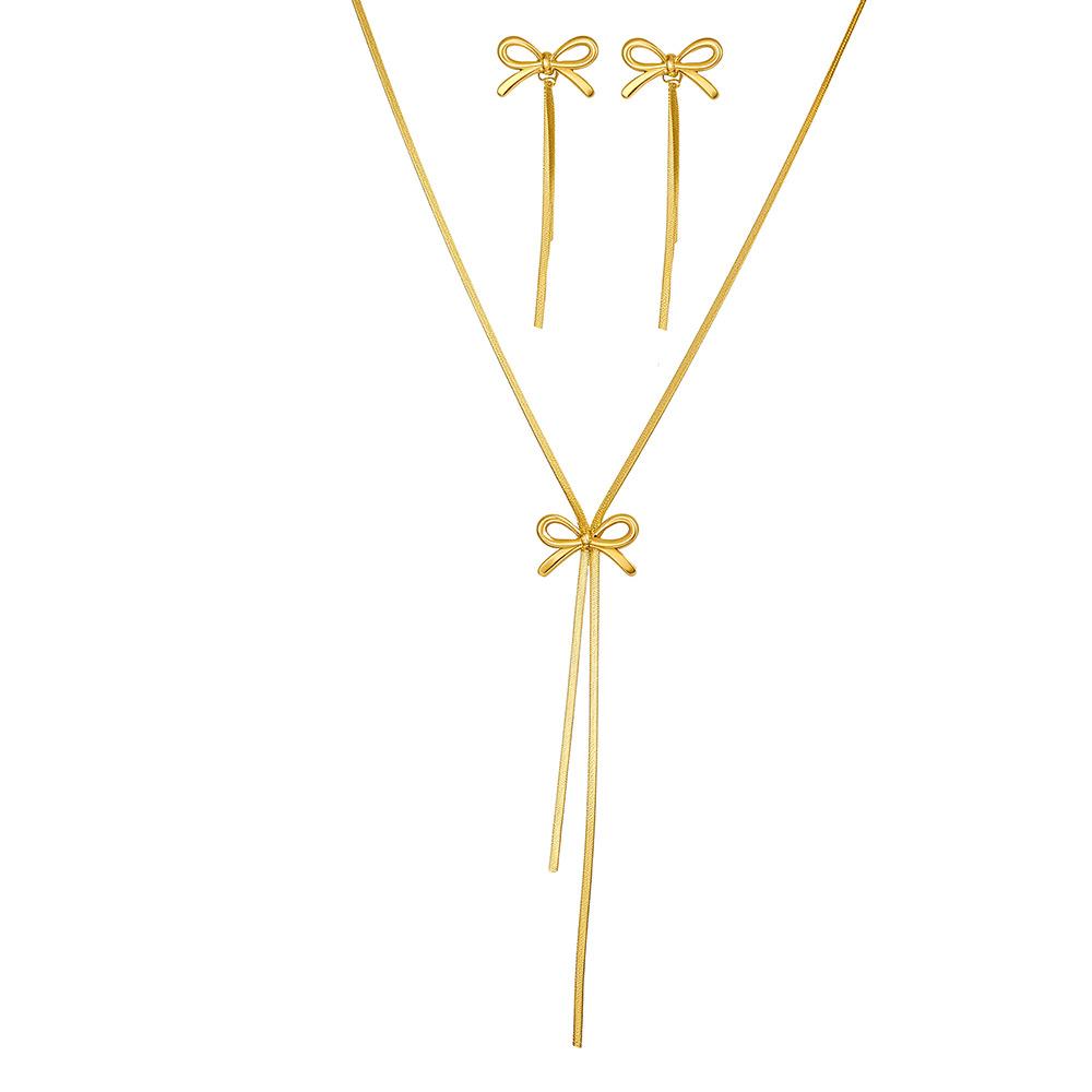 

A Set of Two Pieces Including a Bow Tie Stainless Steel Necklace And Stud Earrings, Featuring a Y-Shaped Tassel Design золотистый