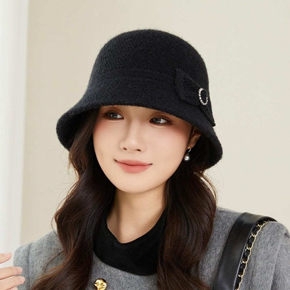 Elegant Bow Fisherman Hat Thickened Windproof Bucket Hat Solid Color Foldable Basin Caps
