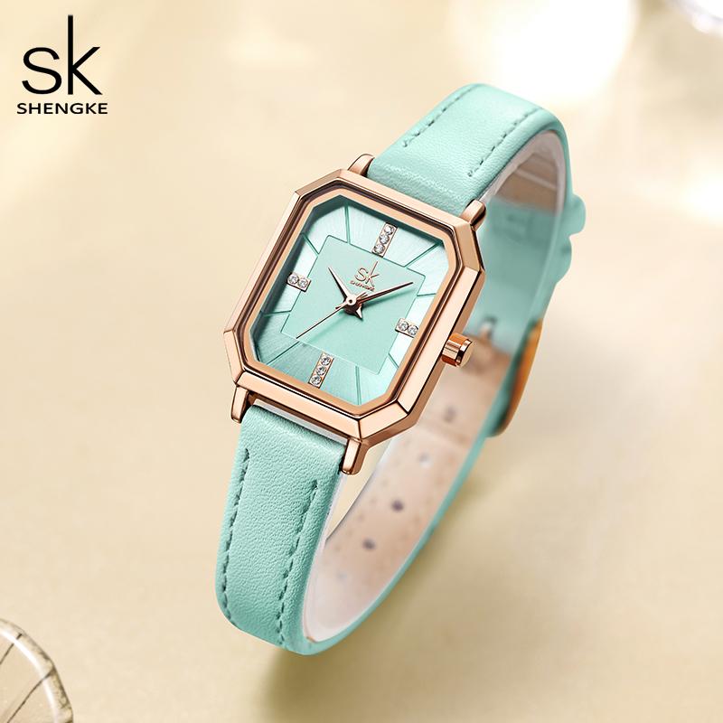 SHENGKE Fashion Black Leather Strap Woman Watches Top Luxury Women's Quartz Wristwatches Reloj Mujer Zegarek Damski