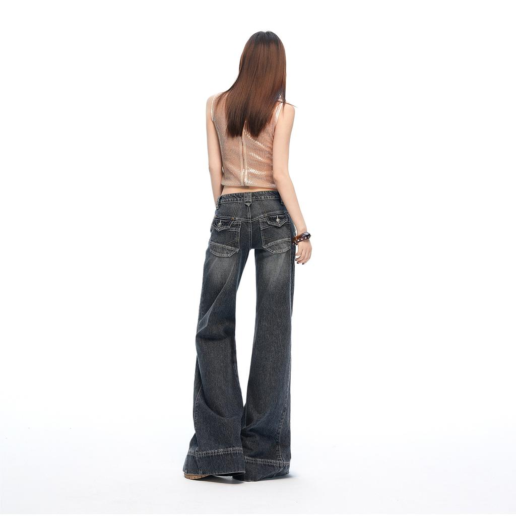 American retro micro-pull jeans women's summer new low-rise thin bright line design non-stick leg flared pants