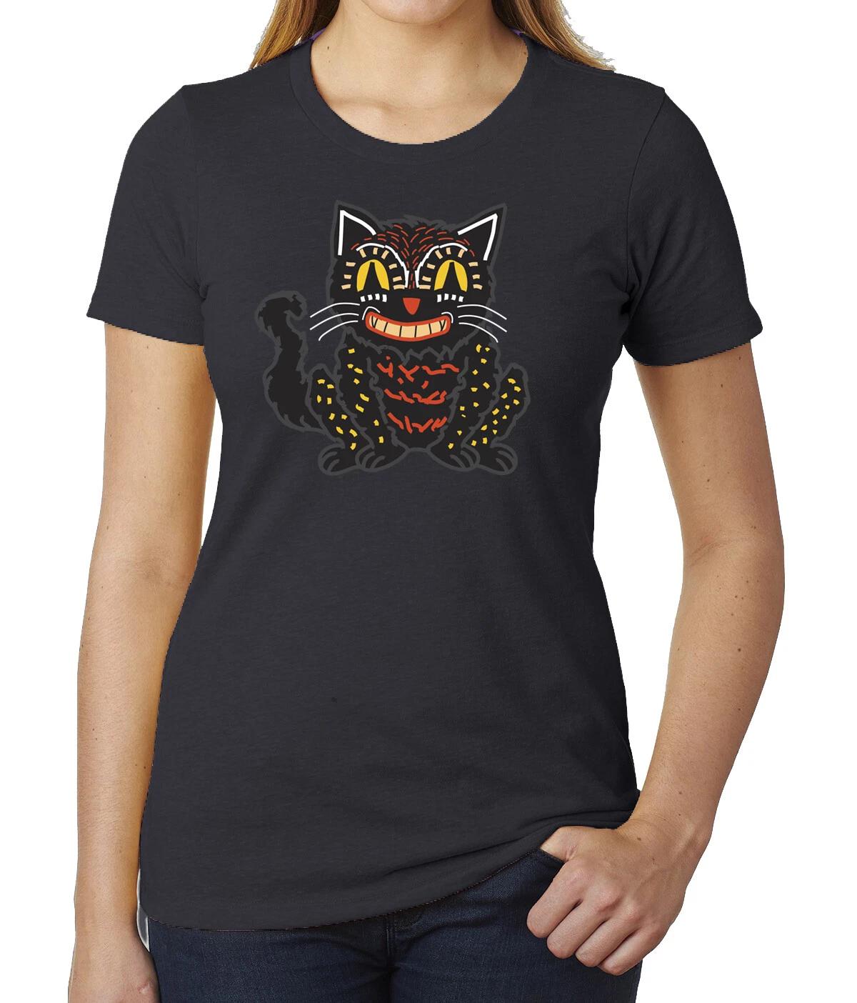 Vintage Creepy Halloween Cat T-Shirt, Funny Graphic Tees, Halloween Woman s Top! L