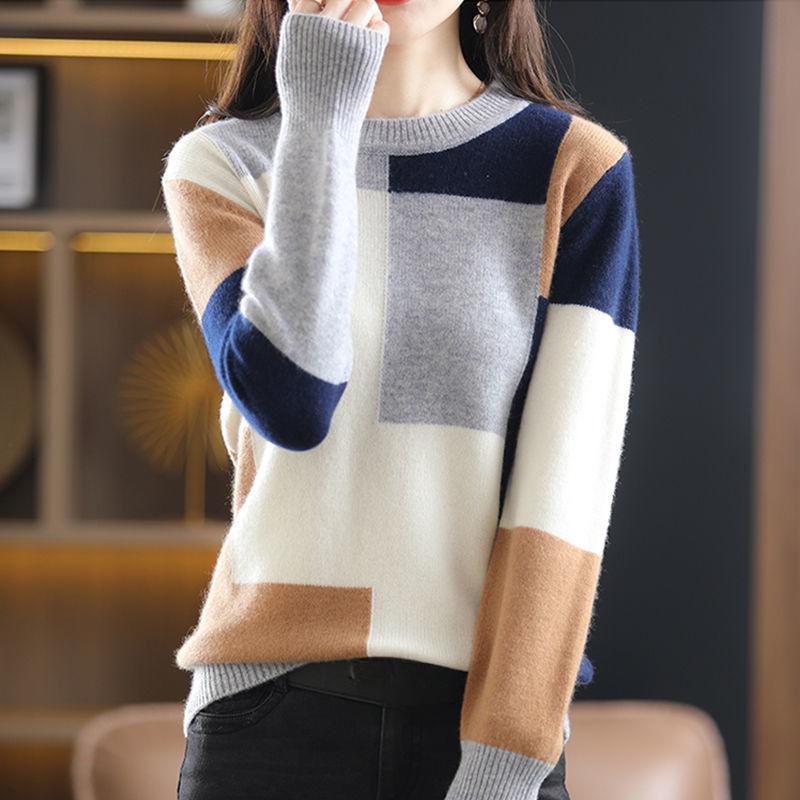 Spring Autumn Women's Crew Neck Color Block Sweater Long Sleeve Pullover Sweater Sweater Sweater Tops Jumper