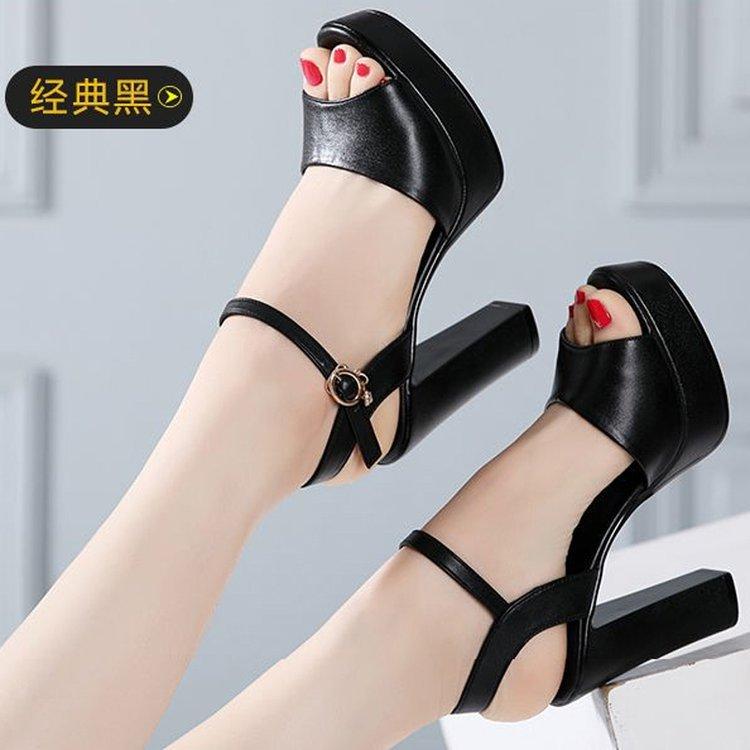 2025 summer thick heel sandals comfortable temperament open-toed sandals waterproof table high heel one-word buckle sandals women