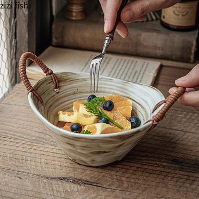 Hemp Rope Double Ear Ceramic Bowl Retro Fruit Salad Bowl Dessert Bowl Thick Soup Bowls Hotel Molecular Cuisine Tableware