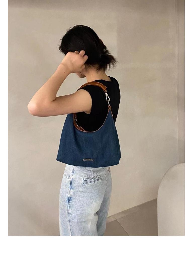 2025 Versatile Retro Hong Kong Style Color Block Denim Tote & Shoulder Bag for Women