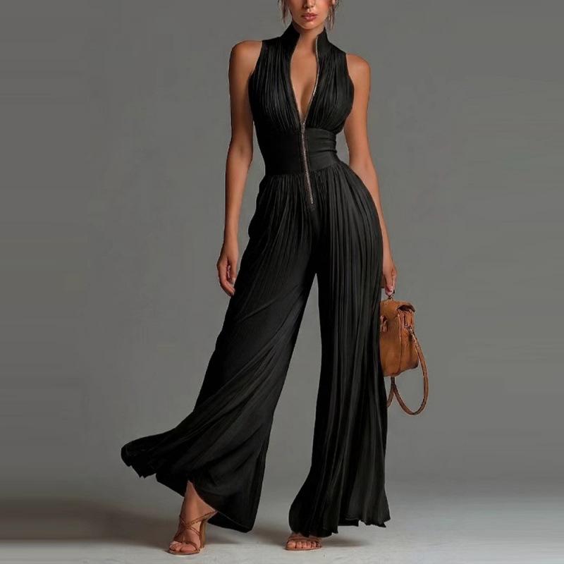 2026 Europäischer & Amerikanischer Stil Sexy Falten-Neckholder-Jumpsuit mit Weißen Weitbeinigen Hosen